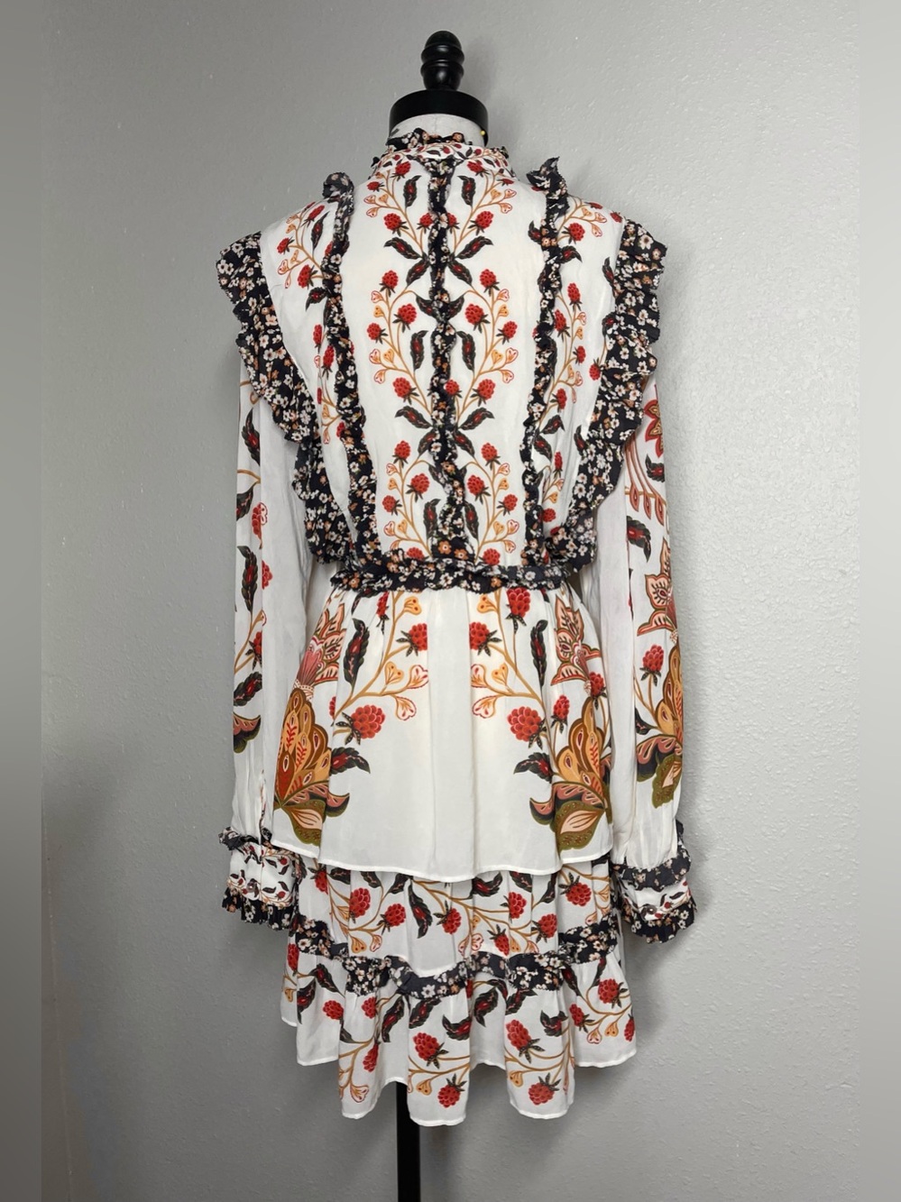 FARM Rio Cream Floral Long-Sleeve Tiered Ruffle Mock Neck Dress XL - Picture 6 of 9
